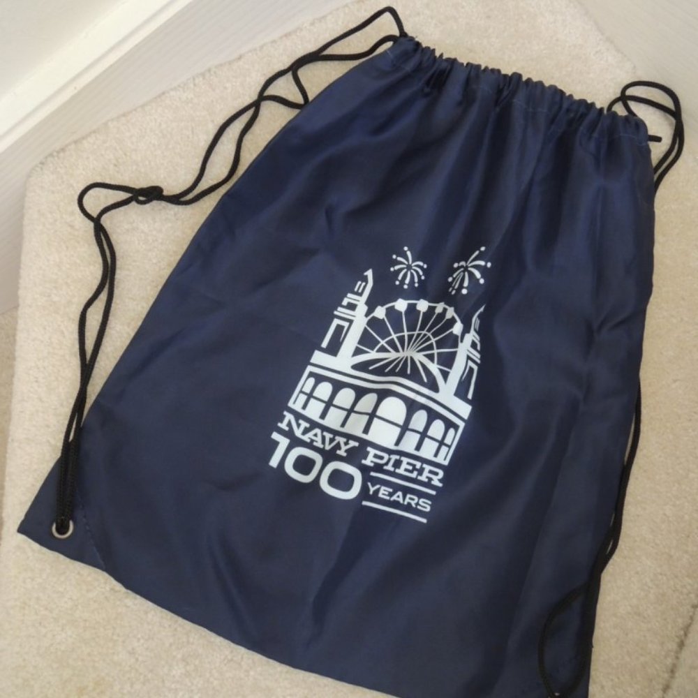 Navy Pier Chicago Cinch Bag Navy Blue Drawstring Backpack Carryall Sack Promo